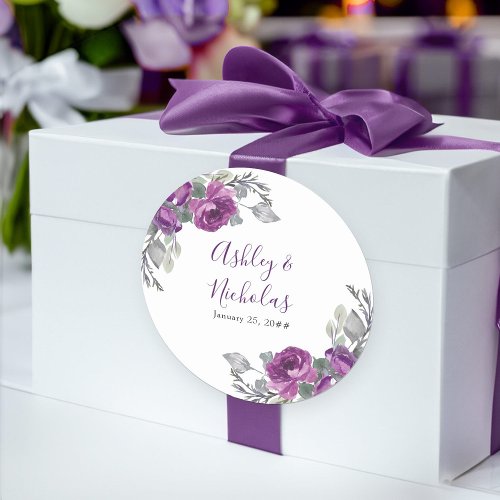 Purple Floral Elegant Bride and Groom Name Classic Round Sticker