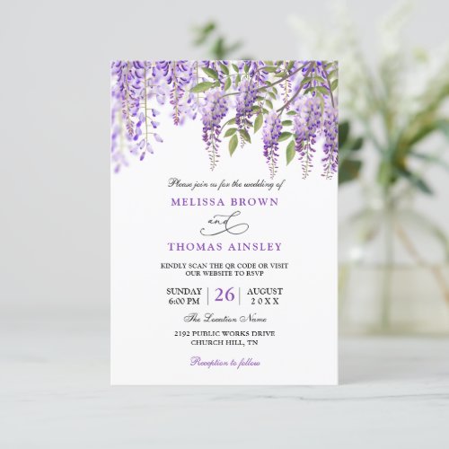 Purple Floral Elegant Budget Qr Code Wedding Invitation