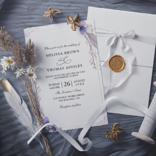 Purple Floral Elegant Chic Budget Qr Code Wedding Invitation