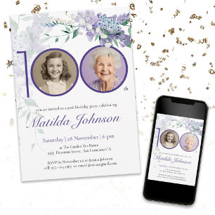 Purple Floral Elegant Custom Photo 100th Birthday  Invitation