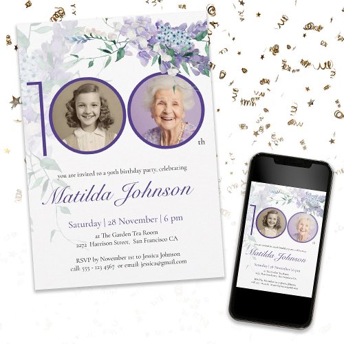 Purple Floral Elegant Custom Photo 100th Birthday 