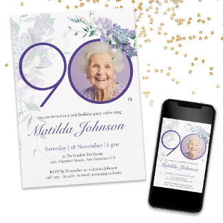 Purple Floral Elegant Custom Photo 90th Birthday Invitation