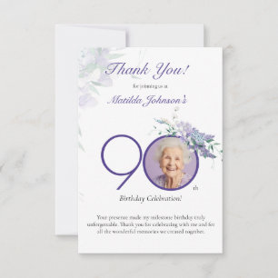 Purple Floral Elegant Custom Photo 90th Birthday Thank You Card