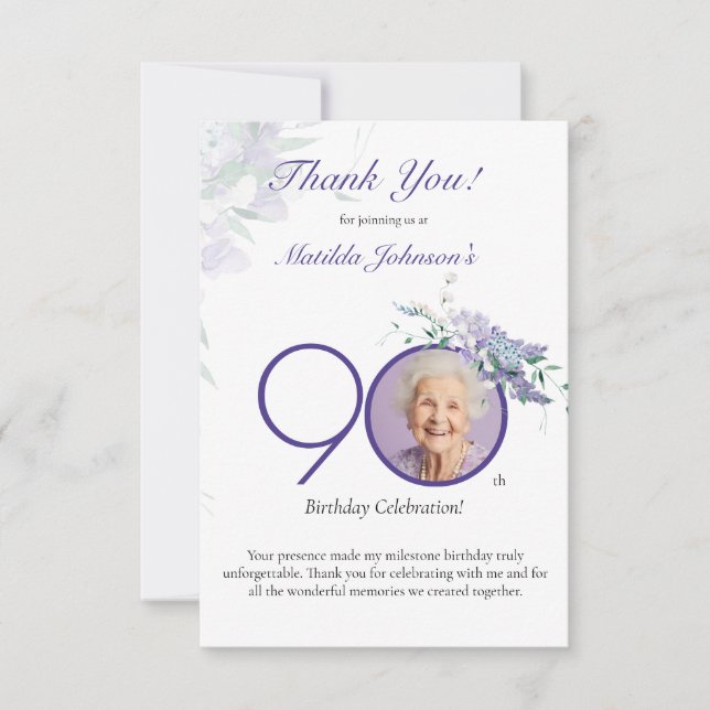 Purple Floral Elegant Custom Photo 90th Birthday Thank You Card (Front)
