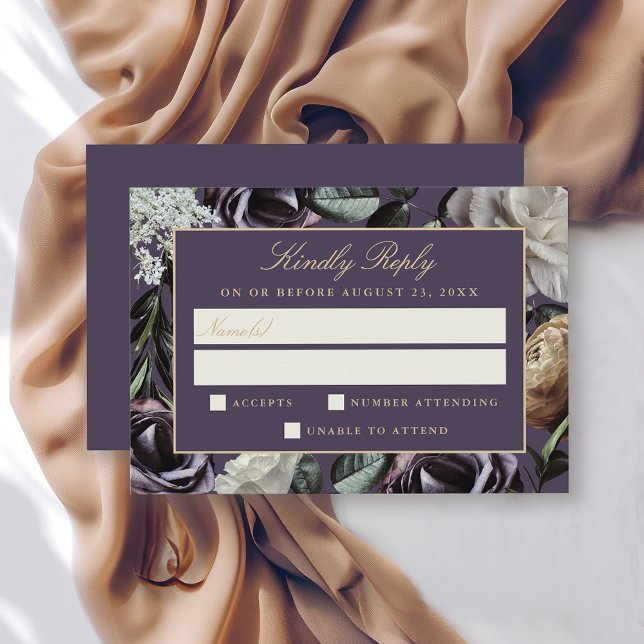 Purple Floral Elegant Dark Moody Wedding RSVP Card (Creator Uploaded)