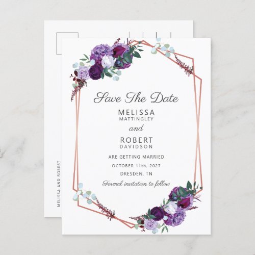 Purple Floral Elegant Geometric Save the Date Announcement Postcard