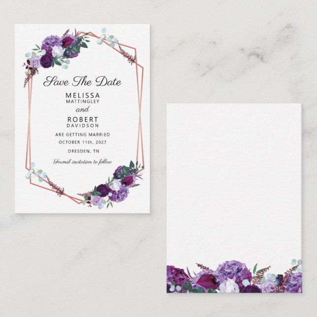Purple Floral Elegant Geometric Save the Date Note Card (Front/Back)