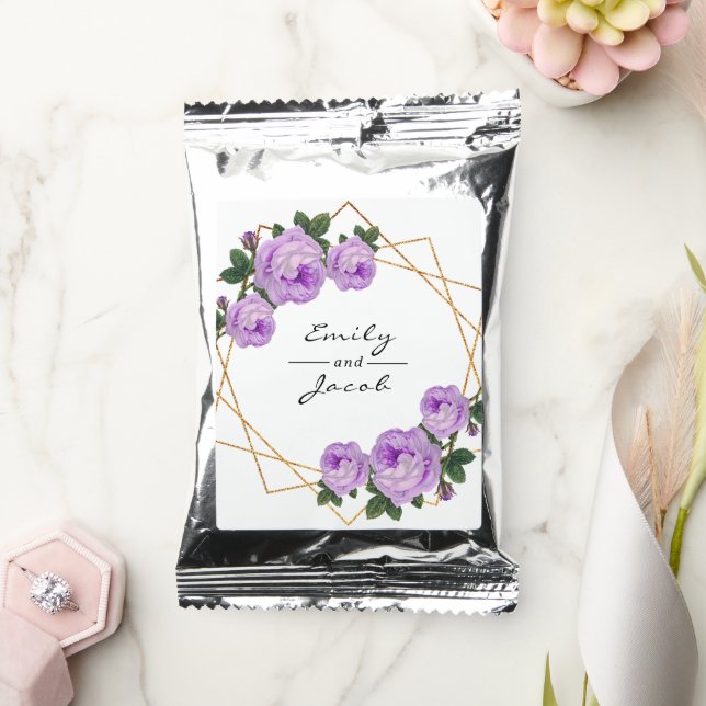 Purple Floral Elegant Gold Glitter Geometric Names Coffee Drink Mix (Wedding)