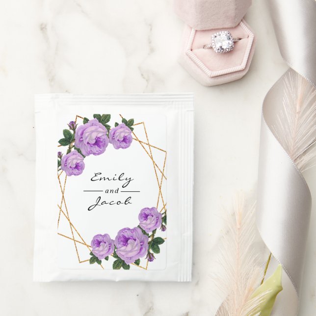 Purple Floral Elegant Gold Glitter Geometric Names Tea Bag Drink Mix (Wedding)