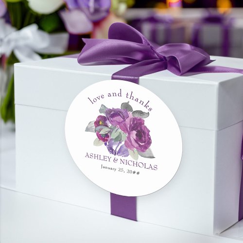 Purple Floral Elegant Love and Thanks Wedding Classic Round Sticker