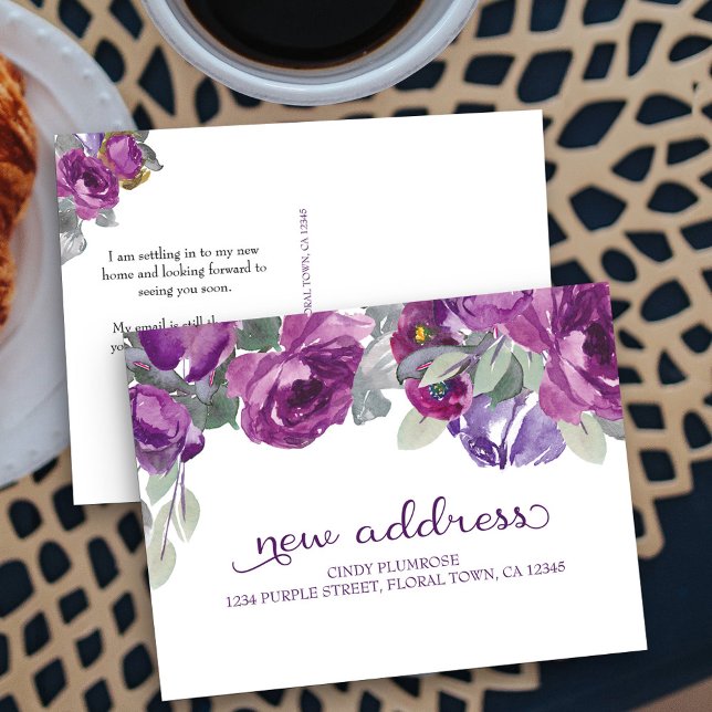 Purple Floral Elegant New Address Announcement (New Address postcard with pretty purple flowers)