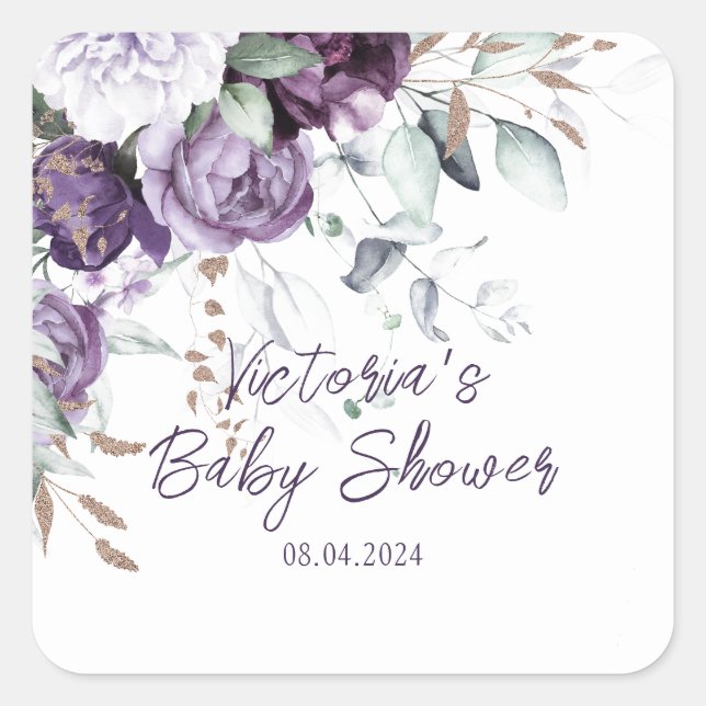 Purple Floral Elegant Personalized Baby Shower Square Sticker (Front)