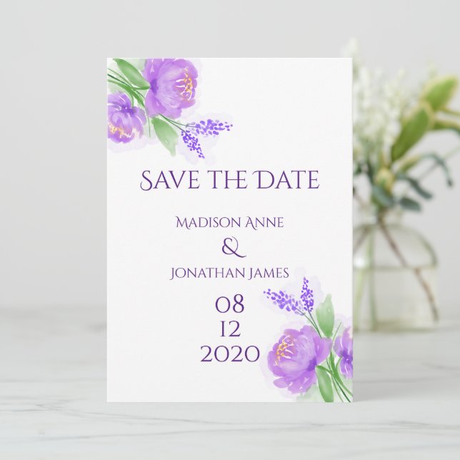 Purple Floral Elegant Personalized Lavender Chic Save The Date (Standing Front)