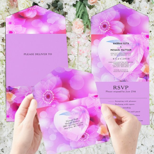 Purple Floral Elegant Romantic Glow Wedding All In One Invitation (Creator Uploaded)