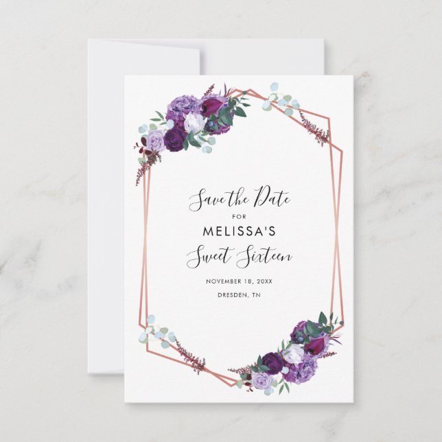 Purple Floral Elegant Rose Gold Geometric Save The Date (Front)