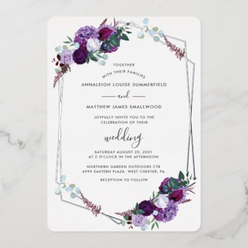 Purple Floral Elegant Rose Gold Wedding Silver Foil Invitation