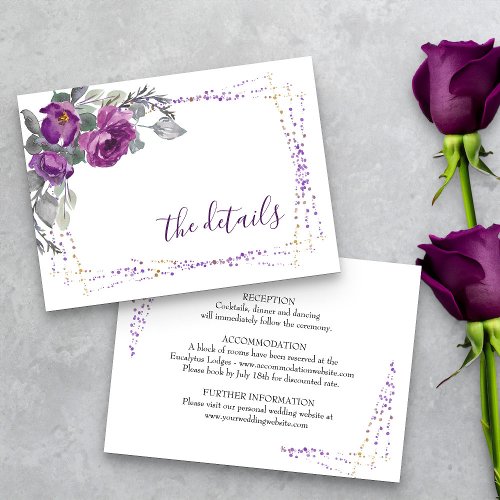 Purple Floral Elegant Script Wedding Details Enclosure Card