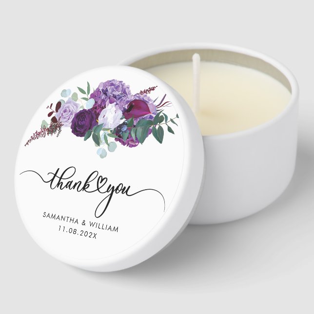 Purple Floral Elegant Script Wedding Thank You Mini Candle Favors (Corner)