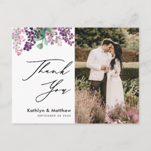 Purple Floral Elegant Script Wedding Thank You Postcard