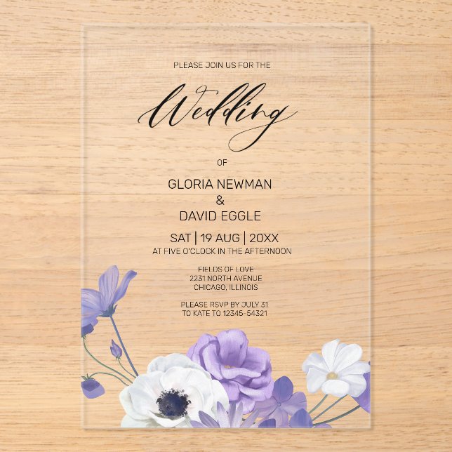 Purple Floral Elegant  Wedding Acrylic Invitations (Front)