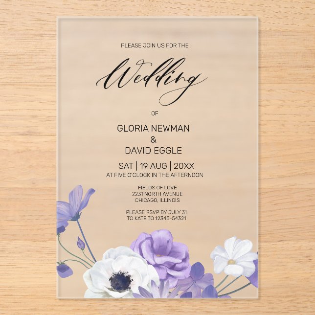 Purple Floral Elegant  Wedding Acrylic Invitations (Front)