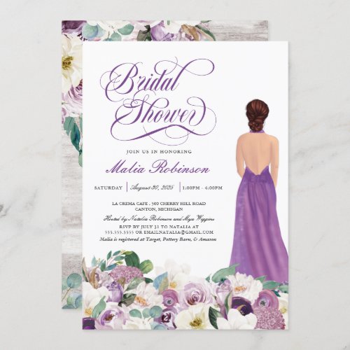  Purple Floral Elegant Wedding Gown Bridal Shower  Invitation