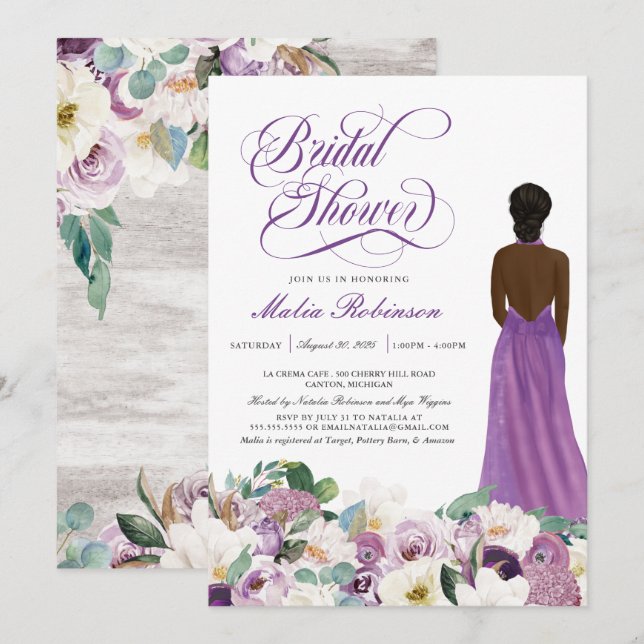  Purple Floral Elegant Wedding Gown Bridal Shower  Invitation (Front/Back)