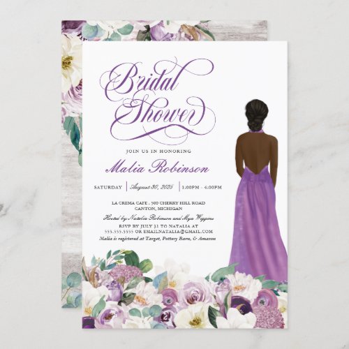  Purple Floral Elegant Wedding Gown Bridal Shower  Invitation