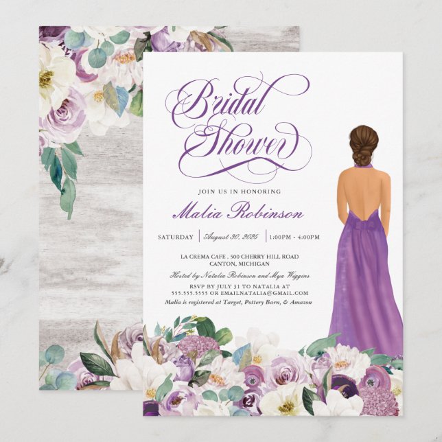  Purple Floral Elegant Wedding Gown Bridal Shower  Invitation (Front/Back)