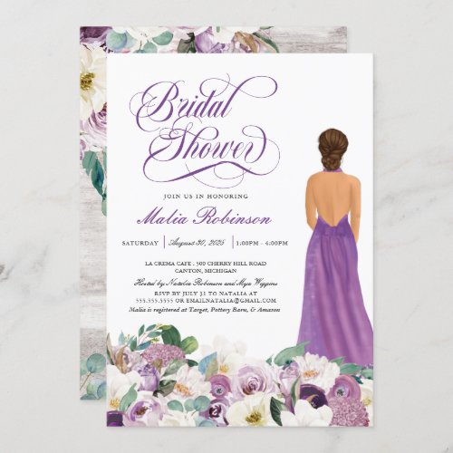  Purple Floral Elegant Wedding Gown Bridal Shower  Invitation