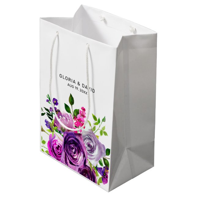 Purple Floral Elegant  Wedding  Medium Gift Bag (Back Angled)