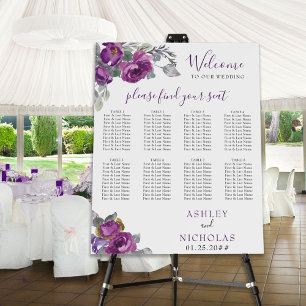 Purple Floral Elegant Wedding Seating Chart Easel Foam Board