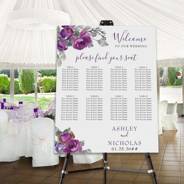 Purple Floral Elegant Wedding Seating Chart Easel Foam Board Zazzle