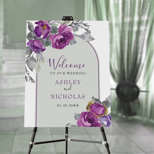 Purple Floral Elegant Wedding Welcome Easel Foam Board