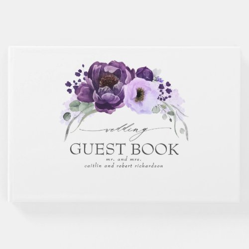 Purple Floral Elegant White Wedding Guest Book