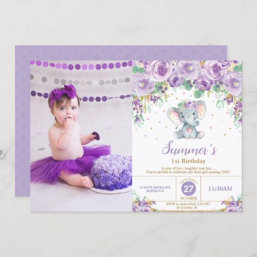 Purple Floral Elephant 1st Birthday Girl Photo Invitation