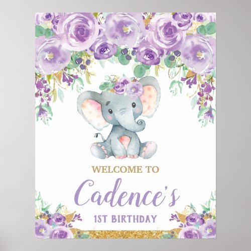 Purple Floral Elephant 1st Birthday Girl Welcome Poster