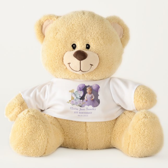 Purple Floral Elephant 1st Birthday Photo Keepsake Teddy Bear (Front)