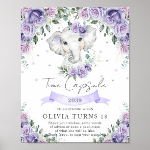 Purple Floral Elephant 1st Birthday Time Capsule Poster