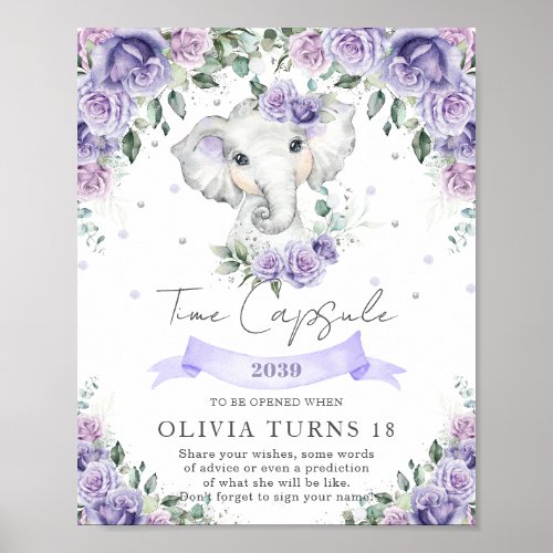 Purple Floral Elephant 1st Birthday Time Capsule  Poster