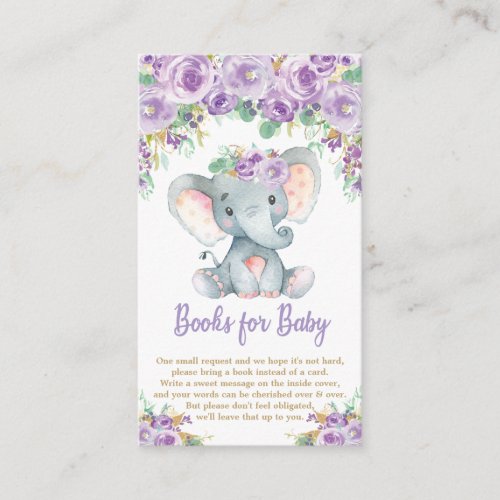 Purple Floral Elephant Baby Bring a Book Enclosure Card