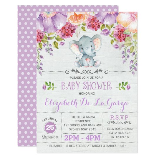 Purple Floral Elephant Baby Girl Shower Invitation Zazzle Com Purple Floral Elephant Baby Girl Shower Invitation Zazzle Com