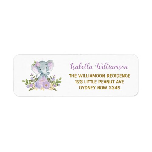 Purple Floral Elephant Baby Shower Address Label