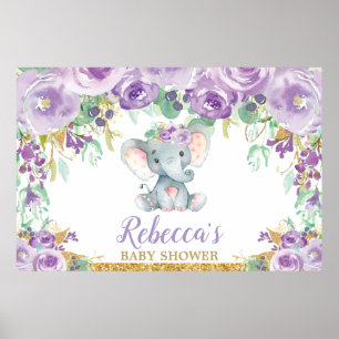 Purple Floral Elephant Baby Shower Backdrop Poster