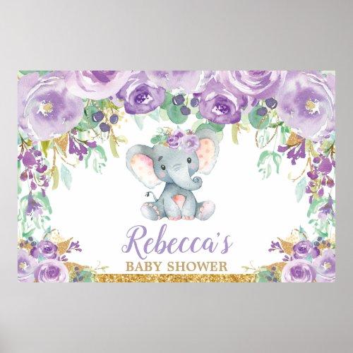 Purple Floral Elephant Baby Shower Backdrop Poster