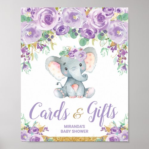 Purple Floral Elephant Baby Shower Cards Gifts Poster