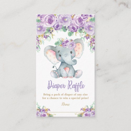 Purple Floral Elephant Baby Shower Diaper Raffle Enclosure Card