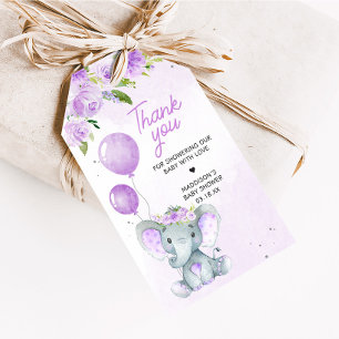 Purple Floral Elephant Baby Shower Favor Tags