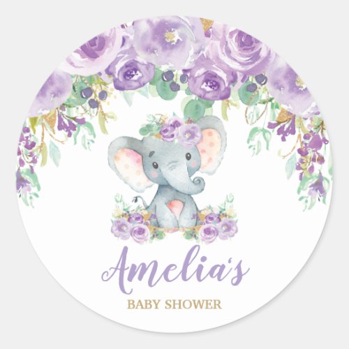 Purple Floral Elephant Baby Shower Girl Favor Classic Round Sticker
