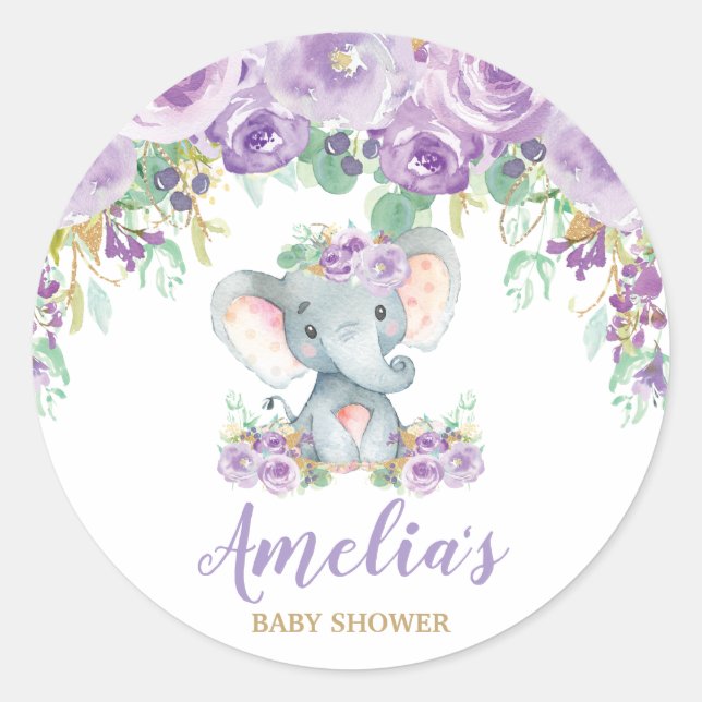 Purple Floral Elephant Baby Shower Girl Favor Classic Round Sticker (Front)